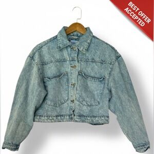 💙‎ Vintage Y2K Acid Wash Cropped Denim Jacket Boxy Grunge Streetwear Sz Small